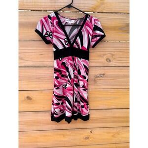 Hollyworld Pink Psychedelic Swirl Mini Dress V-Neck Empire Waist Size 16 Retro